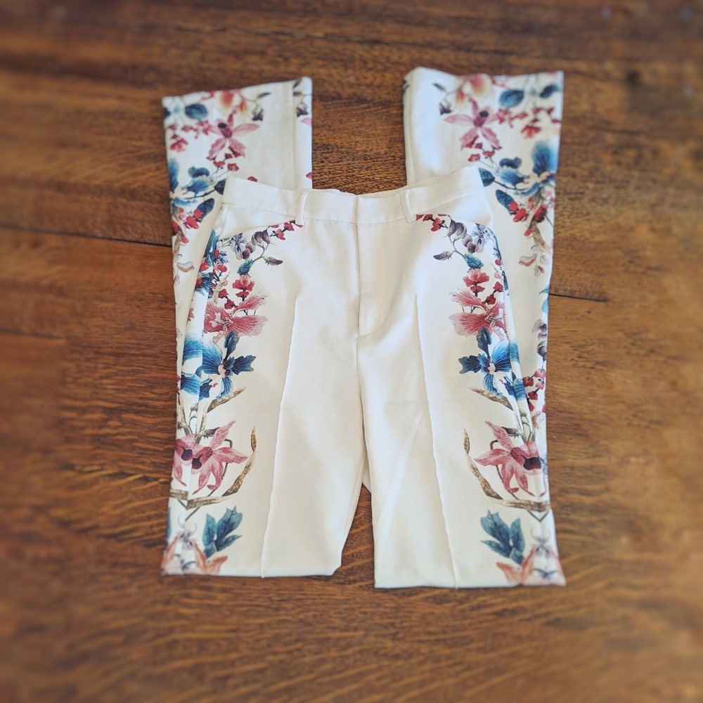 White Floral High Wasted Pants